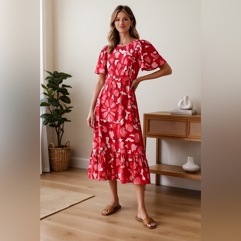 RHODE x Target Red Floral Midi Dress, Linen Blend, Short Flutter Sleeves- Size 2